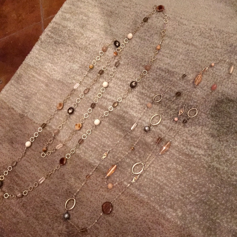 EUC Pair of gold, tan and brown long necklaces